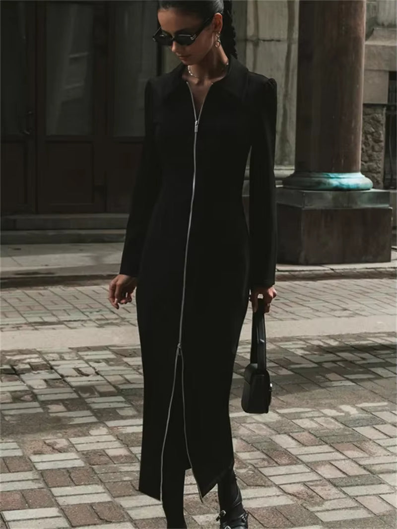 Black Zipper Lapel Maxi Dress for Women Cardigan Fashion Patchwork Vintage Slim High Waist Elegant Streetwear Women Dress