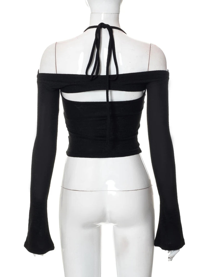 Solid-Coloured Lace-Up Tops Casual Long Sleeve Shirts for Women Slim Short One-Piece Collar Women Clothing Slim Tight Streetwear