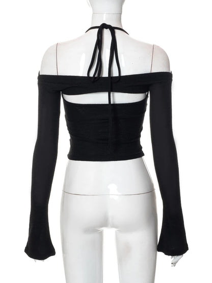 Solid-Coloured Lace-Up Tops Casual Long Sleeve Shirts for Women Slim Short One-Piece Collar Women Clothing Slim Tight Streetwear