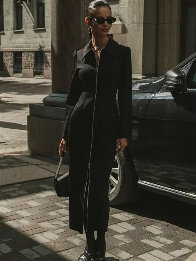 Black Zipper Lapel Maxi Dress for Women Cardigan Fashion Patchwork Vintage Slim High Waist Elegant Streetwear Women Dress