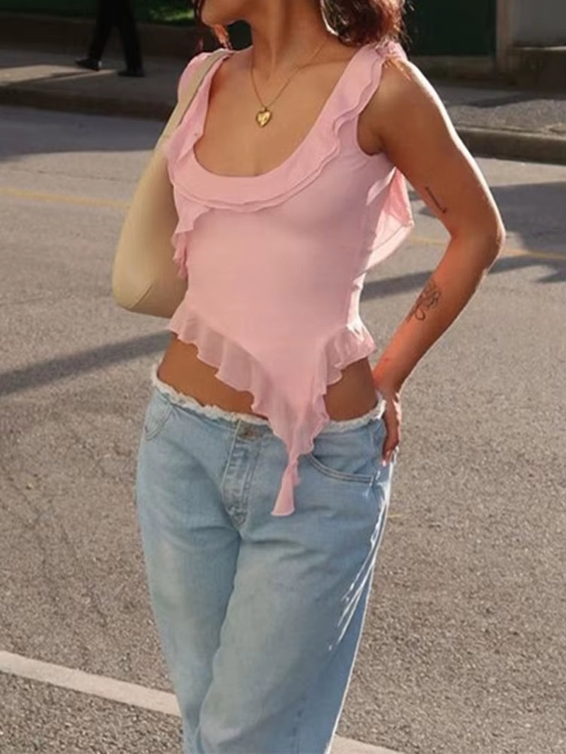 Fashion O-Neck Sleeveless Tank Top Sexy Ruffles Backless Irregular Crop Tops Summer Casual Streetwear Women Camis