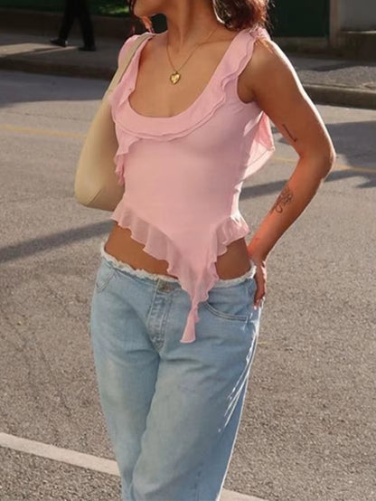 Fashion O-Neck Sleeveless Tank Top Sexy Ruffles Backless Irregular Crop Tops Summer Casual Streetwear Women Camis
