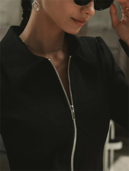 Black Zipper Lapel Maxi Dress for Women Cardigan Fashion Patchwork Vintage Slim High Waist Elegant Streetwear Women Dress