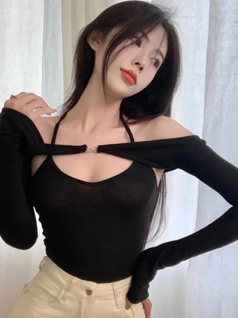 Solid-Coloured Lace-Up Tops Casual Long Sleeve Shirts for Women Slim Short One-Piece Collar Women Clothing Slim Tight Streetwear