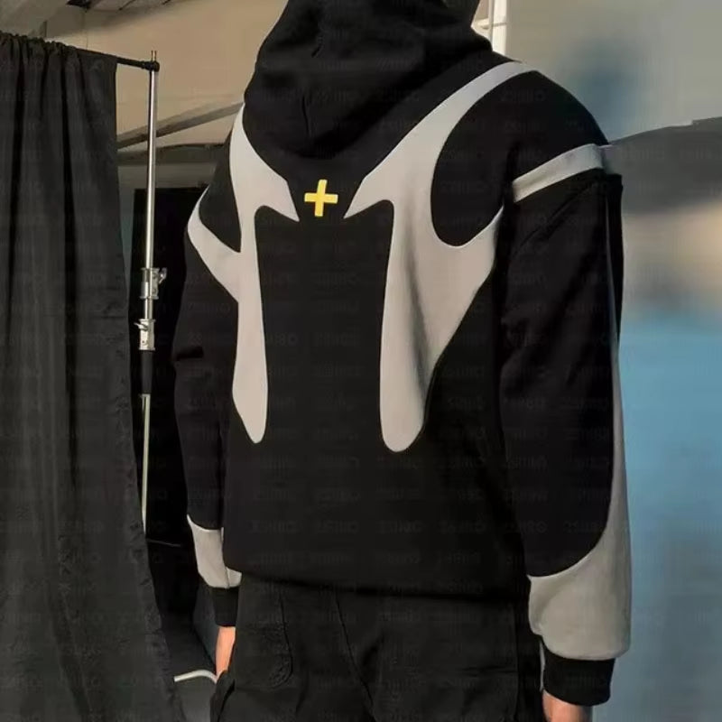 Y2K Retro Patchwork Hoodie Fashion Loose Oversized Embroidered Hooded Sweatshirt Gothic Streetwear Women Clothing