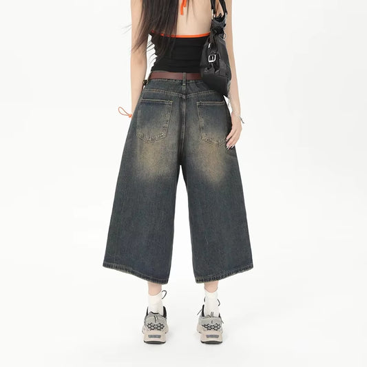 Vintage Streetwear Women Jeans 2024 Summer Loose Male Wide Leg Knee Length Shorts Men'S Oversize Fashion Denim Trouser Pants Y2K