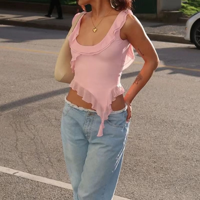 Fashion O-Neck Sleeveless Tank Top Sexy Ruffles Backless Irregular Crop Tops Summer Casual Streetwear Women Camis