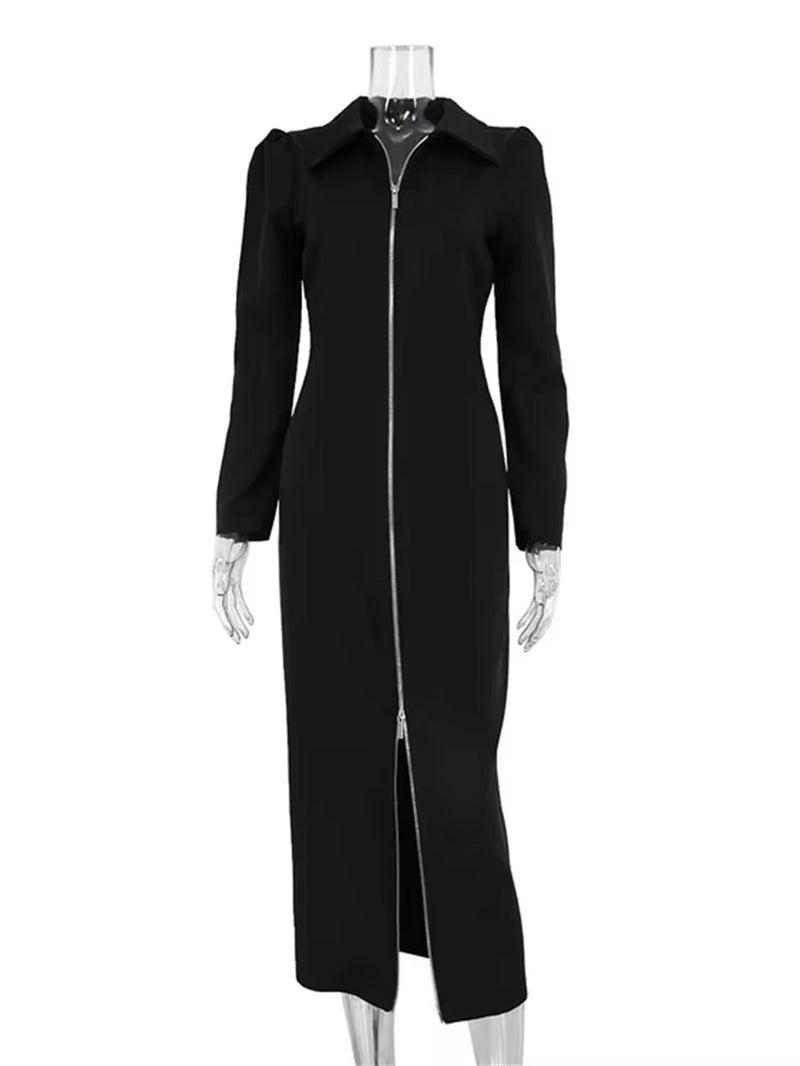 Black Zipper Lapel Maxi Dress for Women Cardigan Fashion Patchwork Vintage Slim High Waist Elegant Streetwear Women Dress