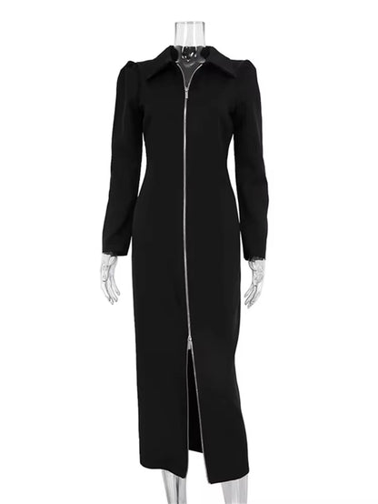 Black Zipper Lapel Maxi Dress for Women Cardigan Fashion Patchwork Vintage Slim High Waist Elegant Streetwear Women Dress