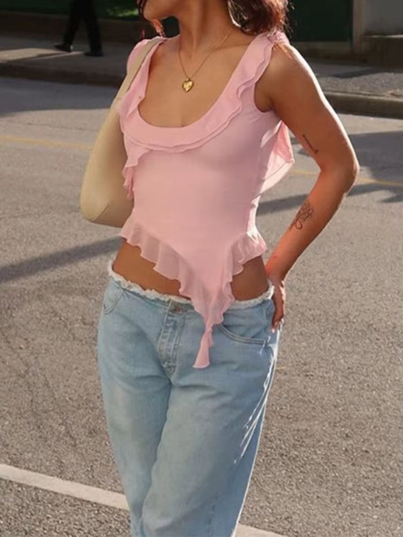 Fashion O-Neck Sleeveless Tank Top Sexy Ruffles Backless Irregular Crop Tops Summer Casual Streetwear Women Camis