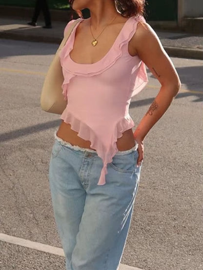 Fashion O-Neck Sleeveless Tank Top Sexy Ruffles Backless Irregular Crop Tops Summer Casual Streetwear Women Camis