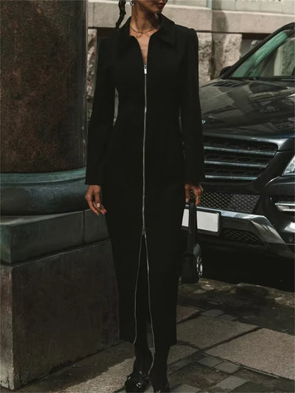 Black Zipper Lapel Maxi Dress for Women Cardigan Fashion Patchwork Vintage Slim High Waist Elegant Streetwear Women Dress