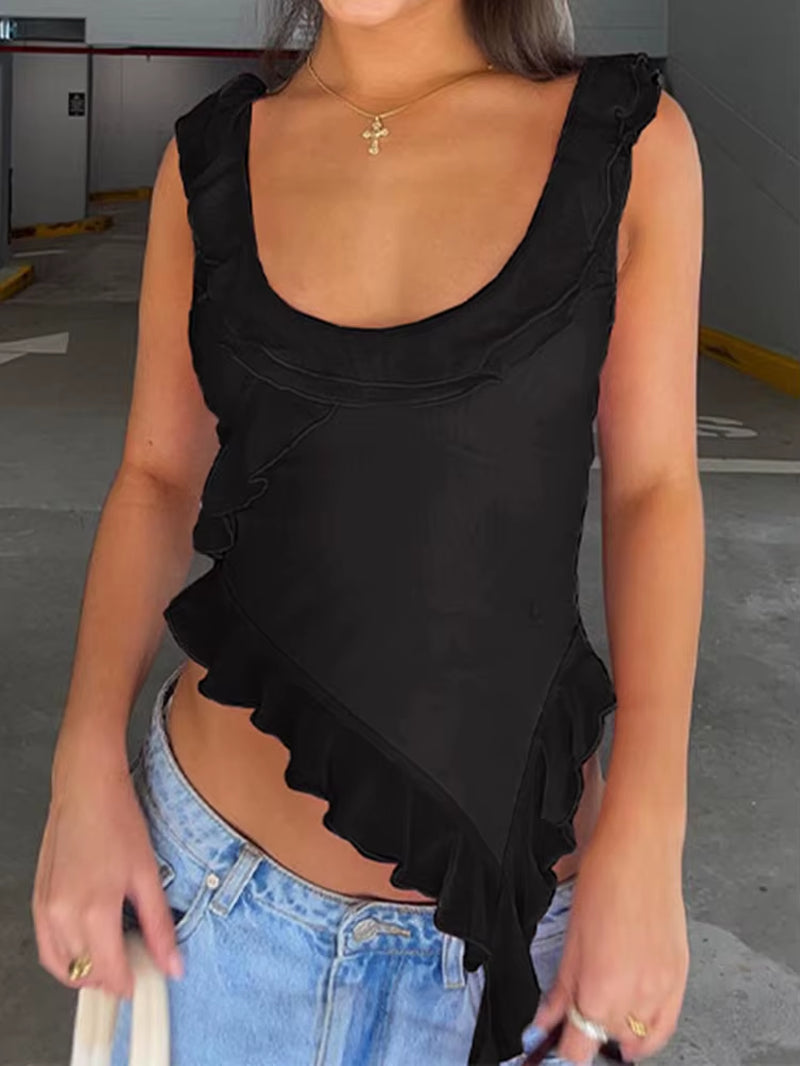 Fashion O-Neck Sleeveless Tank Top Sexy Ruffles Backless Irregular Crop Tops Summer Casual Streetwear Women Camis